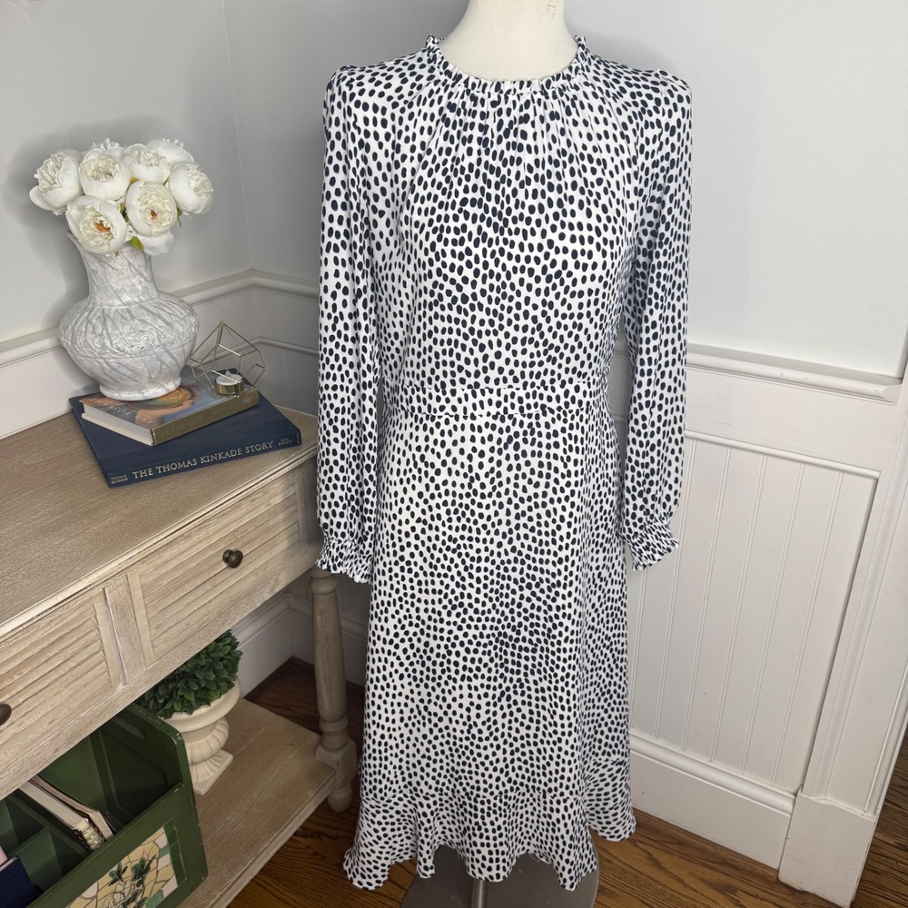 J.Crew Women Black White Abstract Dot Ruffle Neck Midi Dress Size 8 Smocked Cuff